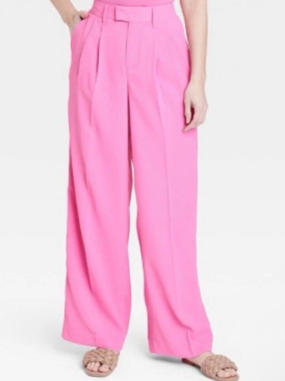 A New Day Women's Pleated High-Rise Tab Front Wide Leg Pants Cerise Pink Size 10